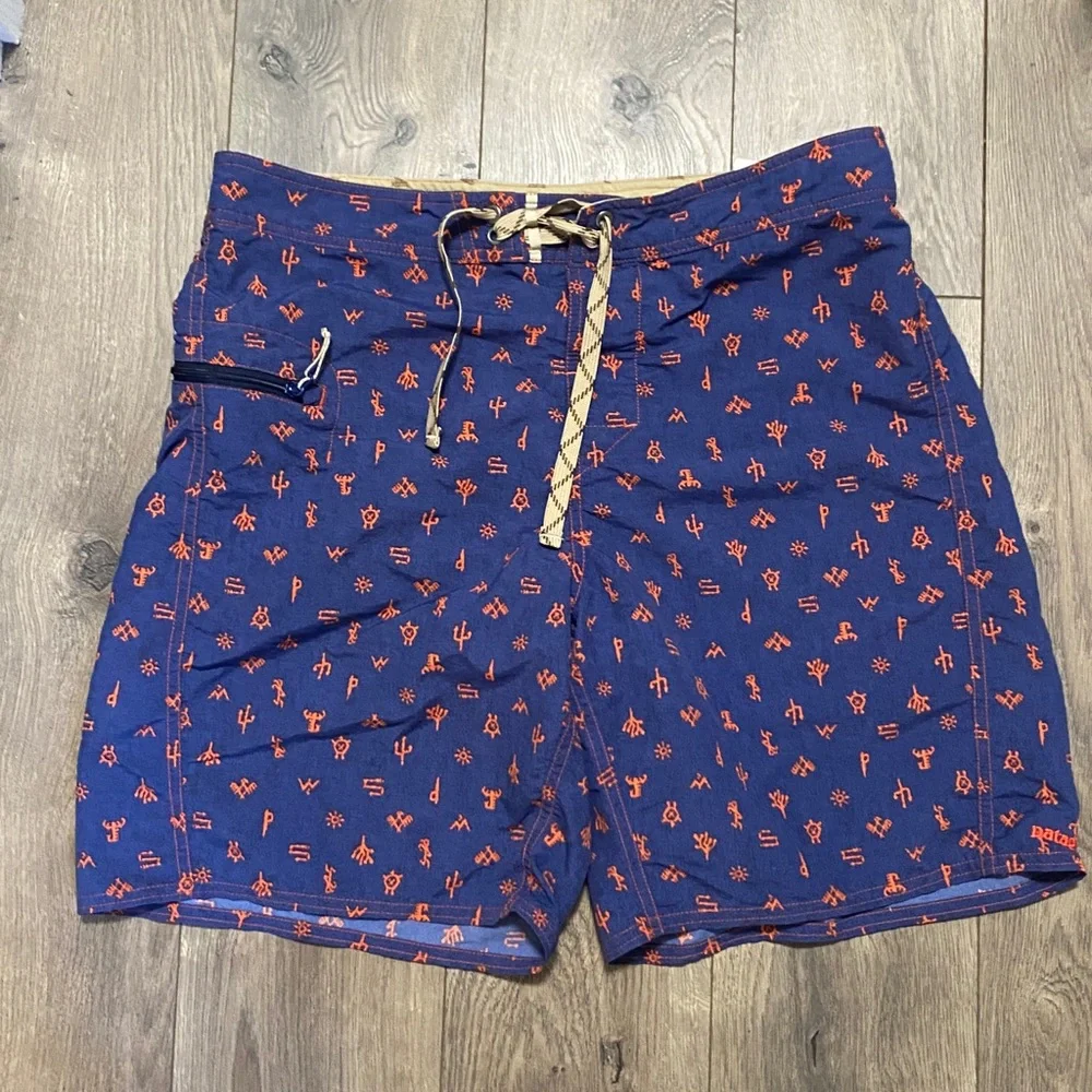 Patagonia Navy Blue and Orange Men's Swim Board Shorts